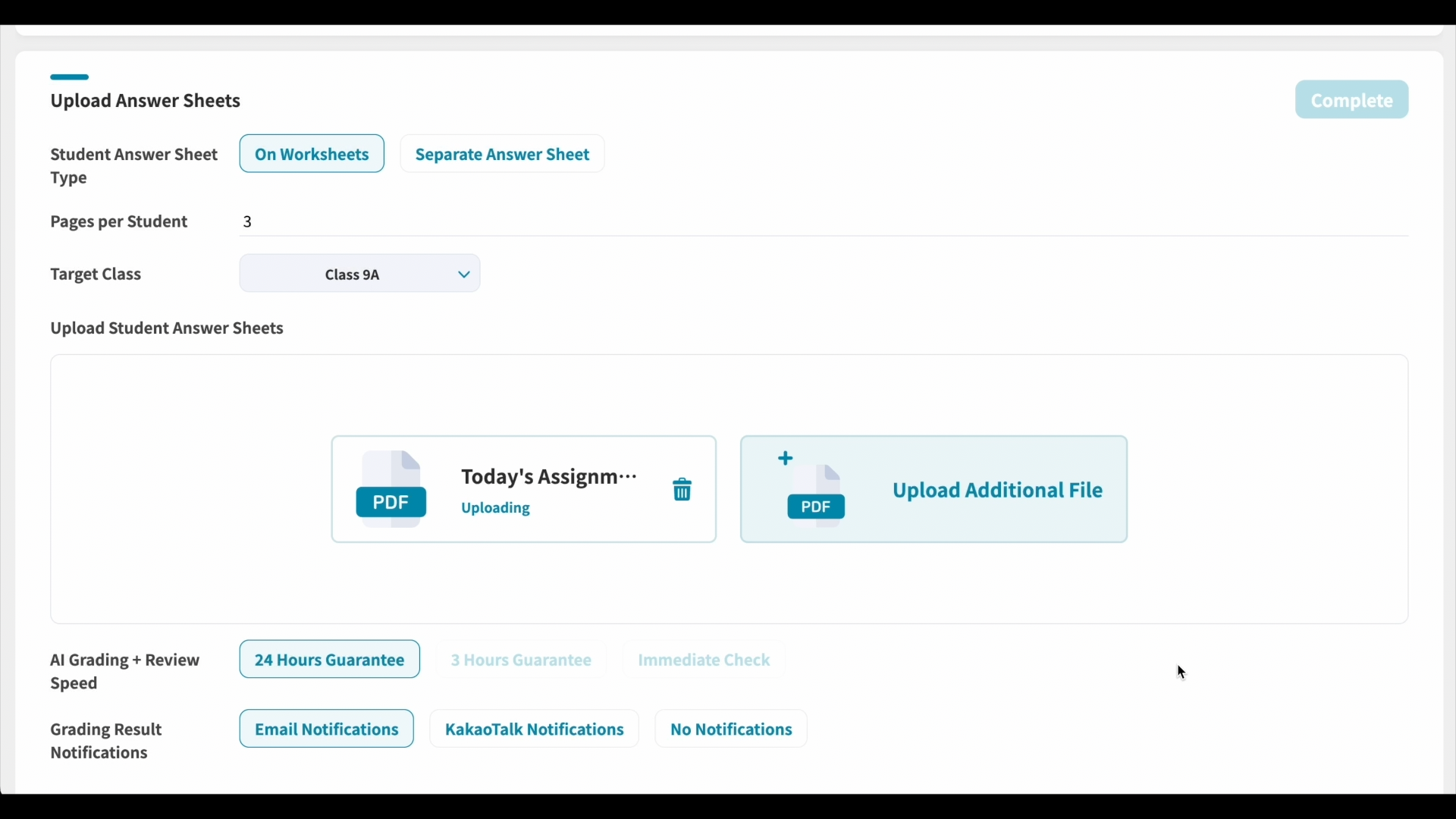 Upload student answer sheets screen